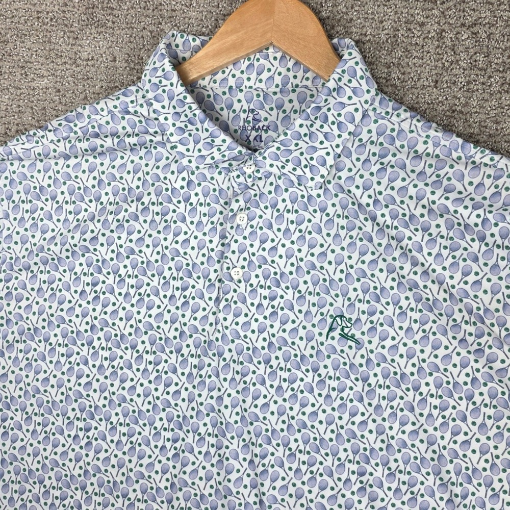 Rhoback Mens XXL Tennis Print Performance Golf Polo Shirt White Blue Green